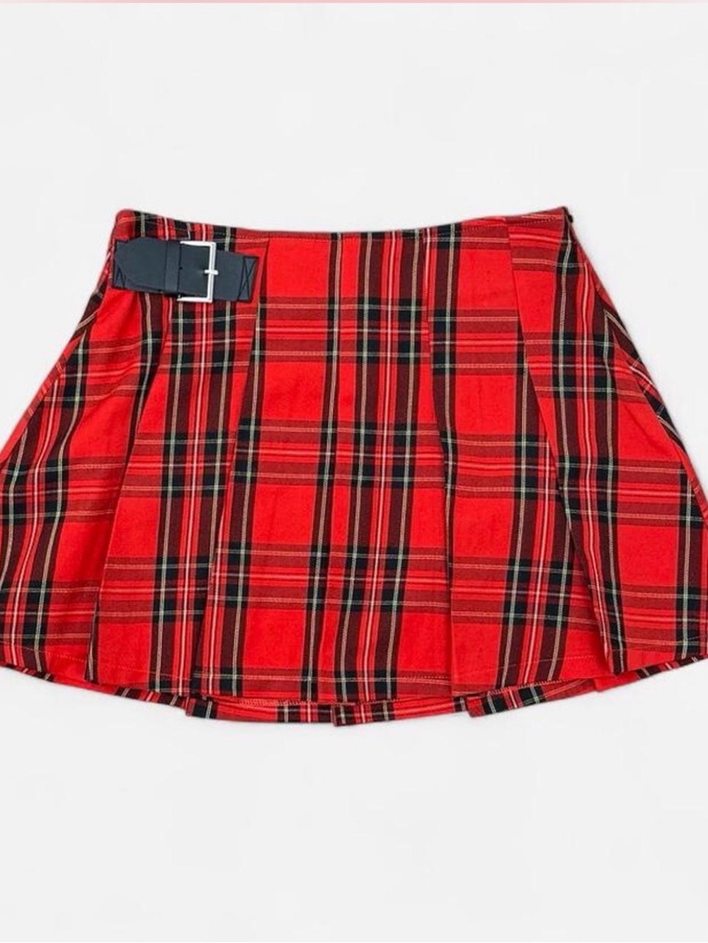 Red Plaid Mini Skirt with Buckle Accent